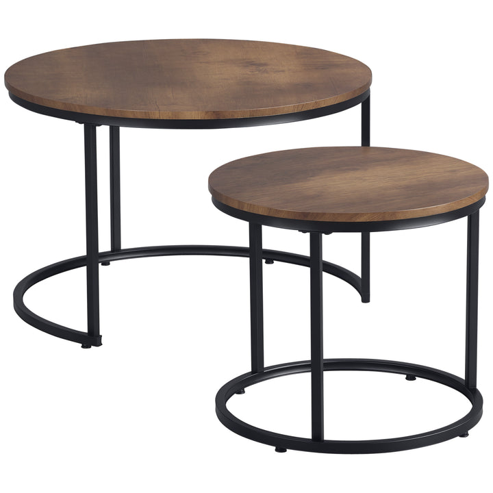 HOMCOM Nesting Coffee Tables Set of 2, Round Coffee Table with Metal Frame, Living Room Tables, Grey Wood Grain