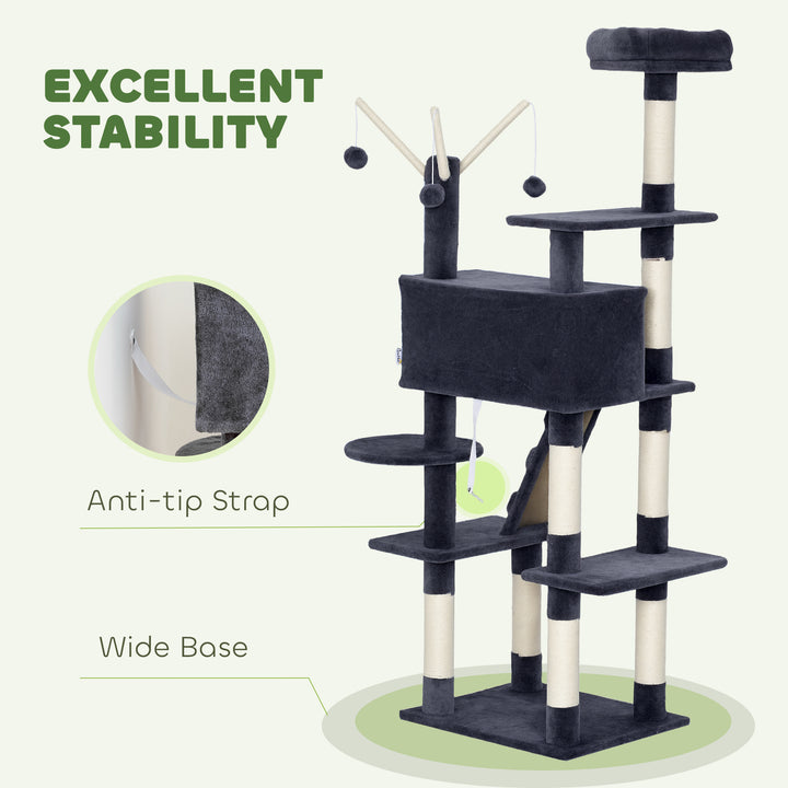 PawHut 59 Inch Large Cat Tree with Sisal Scratching Posts, Cozy Condo, Top Perch, Ladder and Interactive Balls, Dark Grey