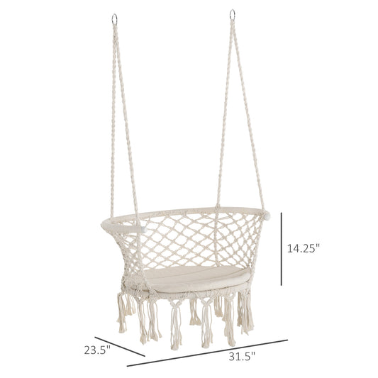 Outsunny Hanging Hammock Chair, Cotton Rope Porch Hammock Swing with Metal Frame and Cushion, Large Macrame Seat for Patio, Garden, Bedroom, Living Room,  Cream White