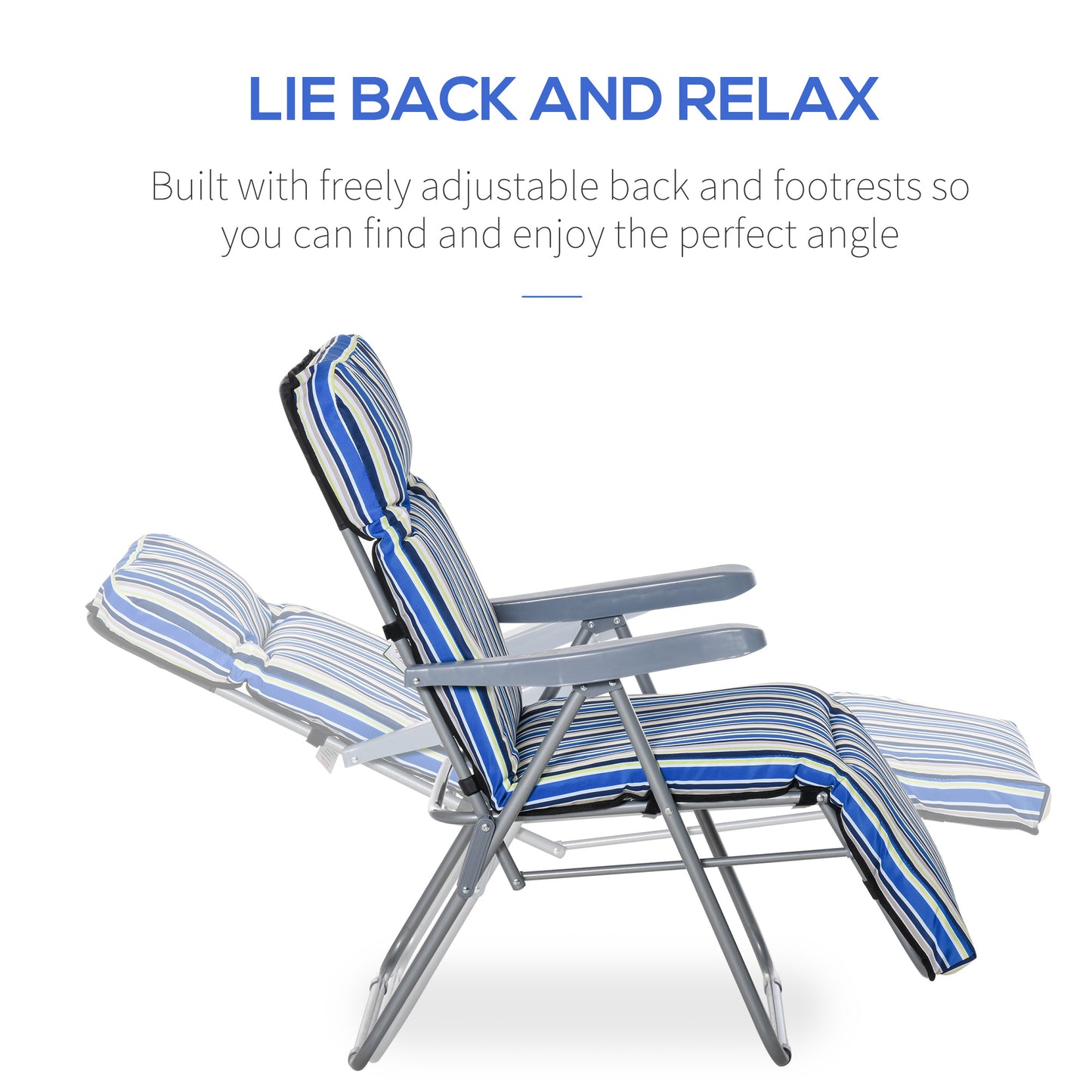 Outsunny Set of 2 Garden Sun Lounger, Outdoor Reclining Seat Cushioned Seat, Foldable Adjustable Recliner, Grey and Blue