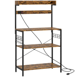 HOMCOM Kitchen Baker's Rack with Power Outlet, Coffee Bar Station with Adjustable Shelves and Hooks, Rustic Brown