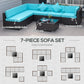 Outsunny 7 Pieces Outdoor Rattan Furniture Set, Patio Wicker Sectional Conversation Sofa Set, Blue