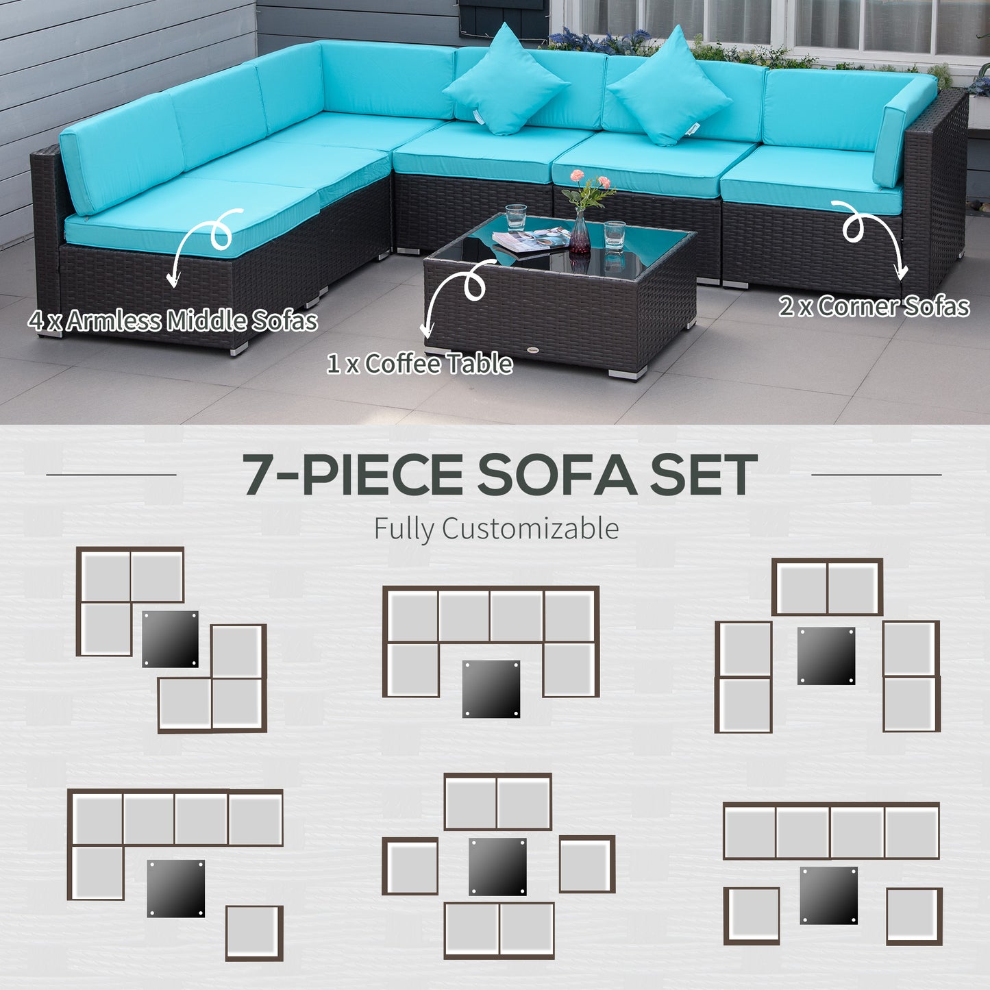 Outsunny 7 Pieces Outdoor Rattan Furniture Set, Patio Wicker Sectional Conversation Sofa Set, Blue