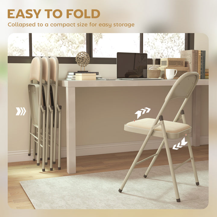 HOMCOM 4 Pack Folding Chairs with Padded Seats, Velvet Portable Party Chairs with Steel Frame, Beige
