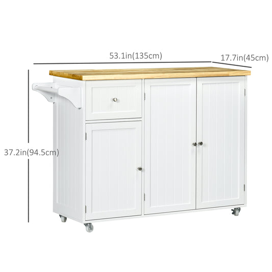 HOMCOM Rolling Kitchen Island with Storage, Utility Kitchen Island Cart with Drawer, Cabinets, Towel Rack and Rubber Wood Top