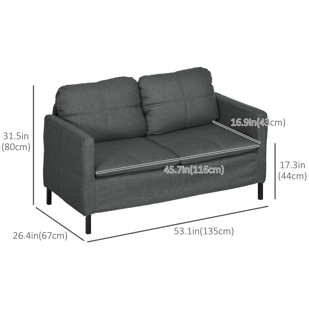HOMCOM 53" 2 Seat Sofa, Upholstered Two Seater Couch with Sturdy Steel Legs for Bedroom, Living Room, Dark Grey
