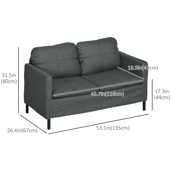 HOMCOM 53" 2 Seat Sofa, Upholstered Two Seater Couch with Sturdy Steel Legs for Bedroom, Living Room, Dark Grey