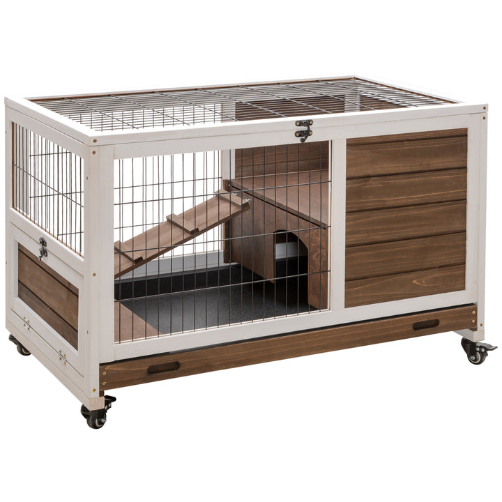 PawHut Wooden Indoor Rabbit Hutch Elevated Bunny Cage Habitat with Enclosed Run with Wheels, Suitable for Rabbits and Guinea Pigs, Grey
