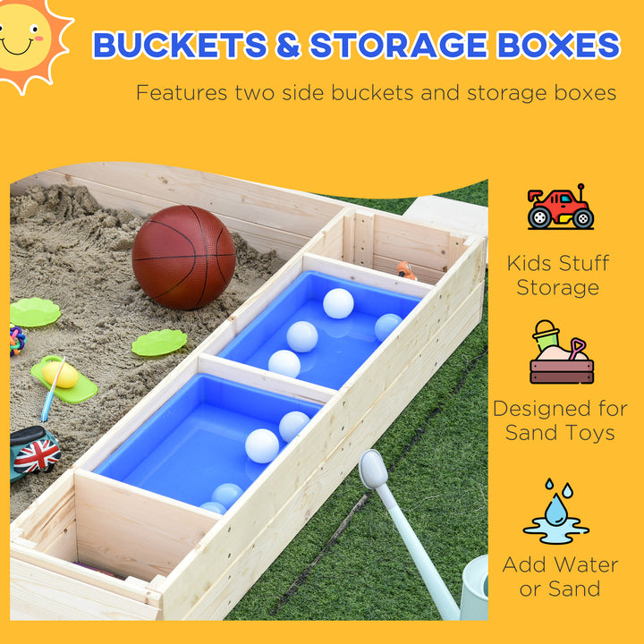 Outsunny Wooden Kids Sandbox with Foldable Bench Seat, 2 Plastic Boxes, Bottom Liner, Storage Space for Garden, Backyard
