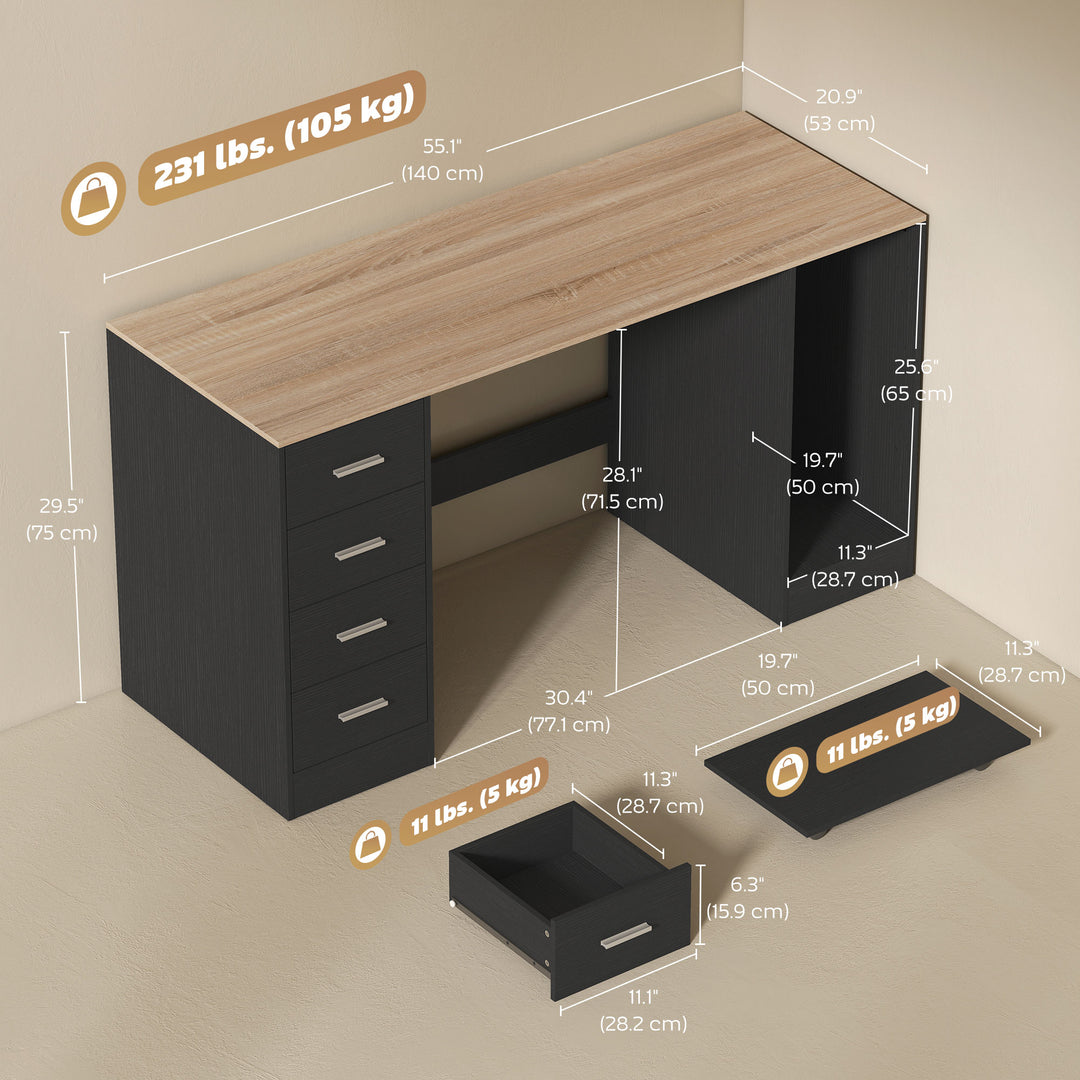 HOMCOM Office Desk, 55" Computer Desk with 4 Reversible Drawers, Mobile PC Stand, Adjustable Shelf, Black Wood Grain