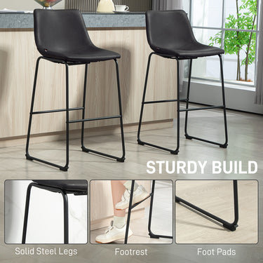 HOMCOM Bar Height Bar Stools Set of 2, Vintage PU Leather Bar Chairs, Kitchen Stools with Footrest for Home Bar, Dark Brown