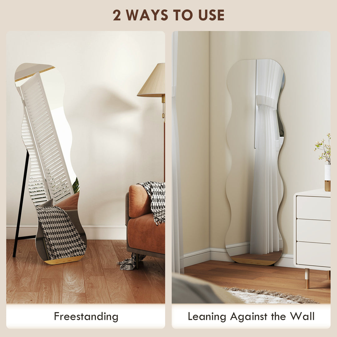 HOMCOM 64" x 21" Full Length Mirror, Irregular Wavy Frameless Full Body Mirror with Pine Wood Base for Bedroom, Black