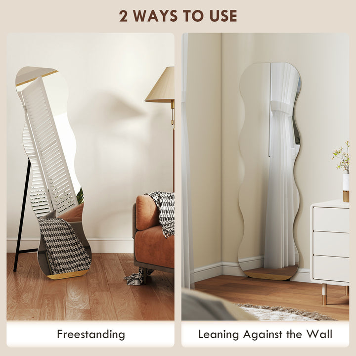 HOMCOM 64" x 21" Full Length Mirror, Irregular Wavy Frameless Full Body Mirror with Pine Wood Base for Bedroom, Black