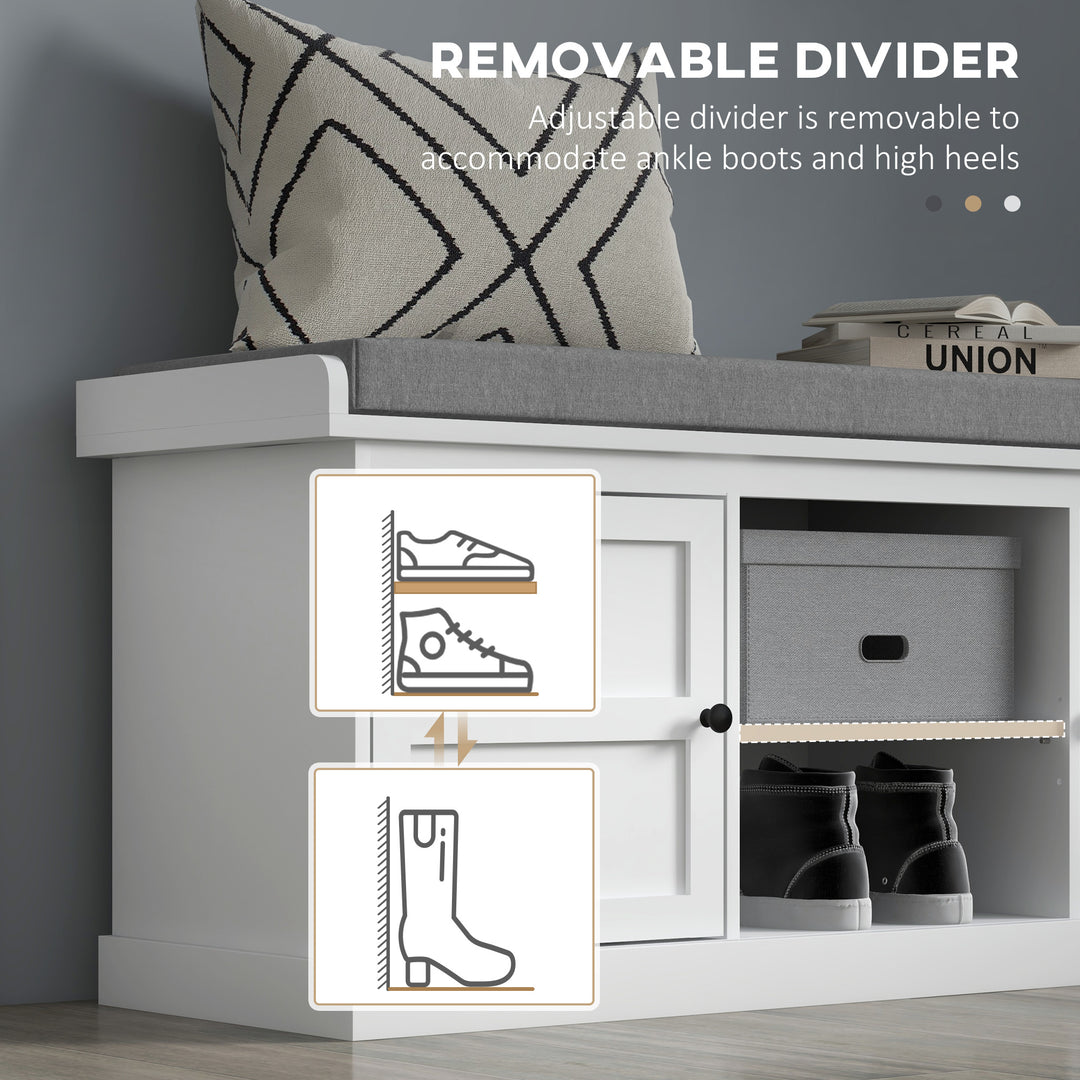 HOMCOM Shoe Storage Bench with Cushioned Seat, Entryway Bench Seat with 2 Cabinets and Adjustable Shelf for Hallway, White