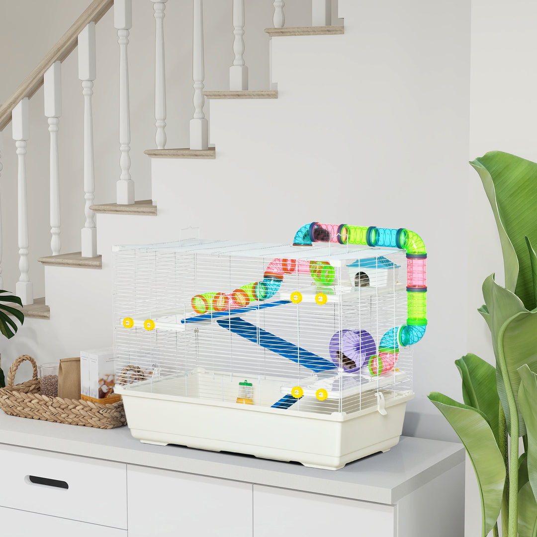 PawHut 31" Large Hamster Cage, Small Animal House, Multi-storey Gerbil Haven, Tunnel Tube System, with Water Bottle, Exercise Wheel, Food Dish, Ramps, White