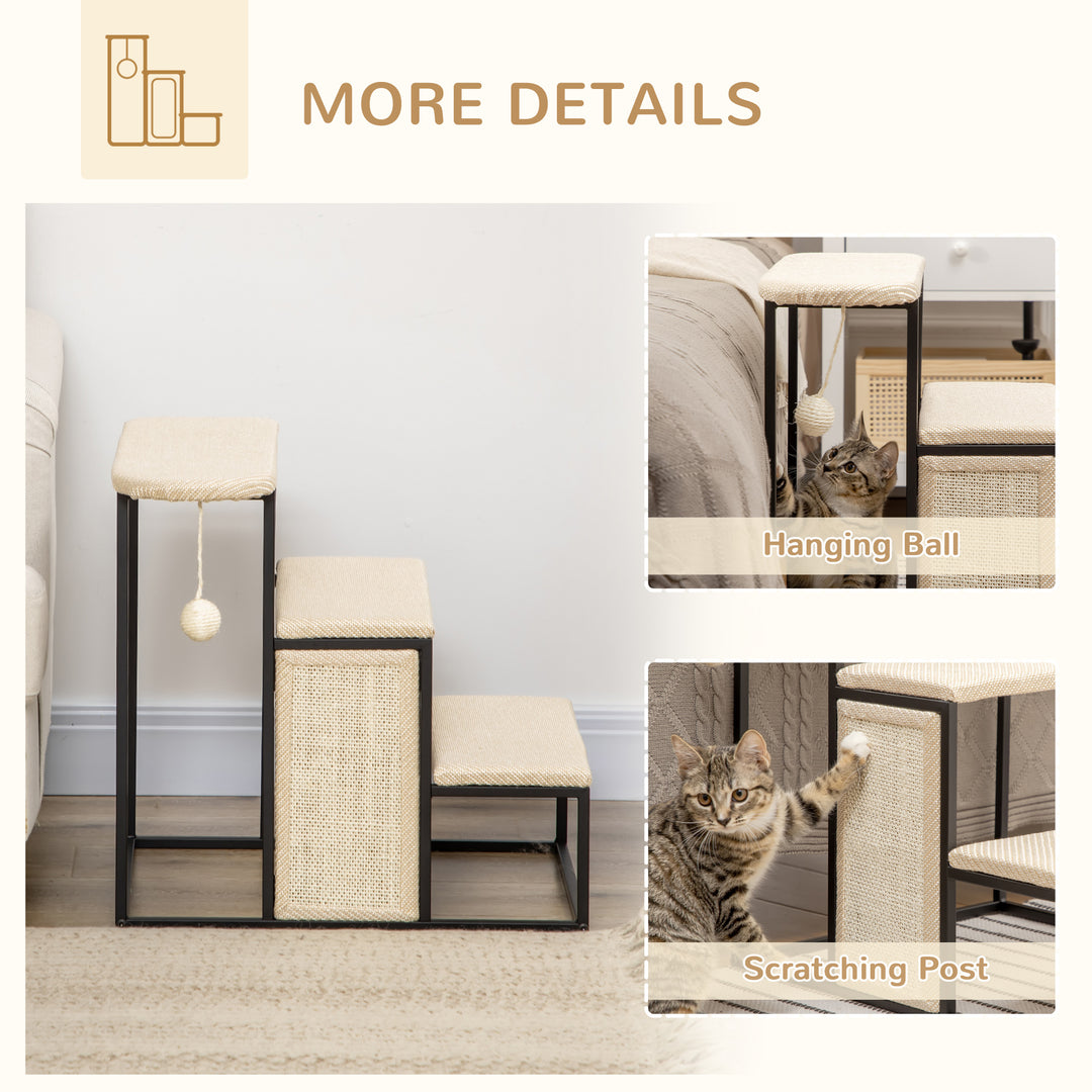 PawHut 20" 3 Steps Cat Stairs, Carpeted Ladder Ramp, Pet Steps with Scratching Board and Hanging Ball for Small Cats, Steel Frame, Cream White