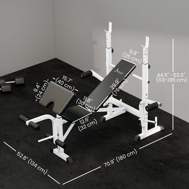 Soozier Bench Press Set Adjustable Weight Bench with Squat Rack, Preacher Curl Pad, Leg Developer and Weight Storage, White