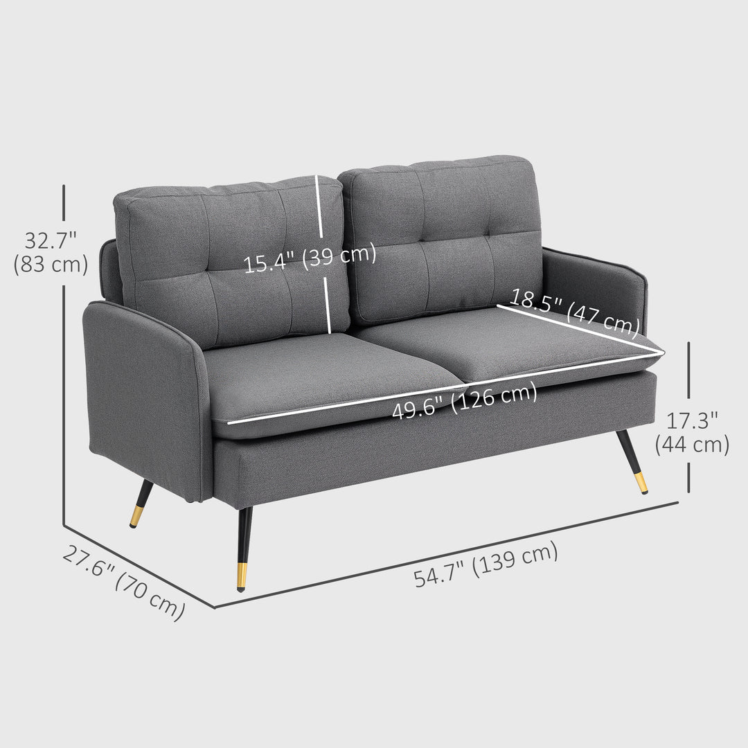 HOMCOM 55" Loveseat Sofa, Linen Love Seat w/ S spring, Steel Legs and Button Tufting, Small Couch for Living Room, Grey