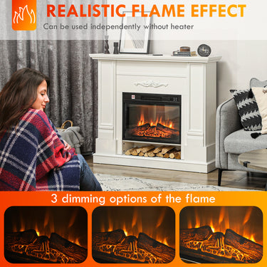 HOMCOM 46" Electric Fireplace with Mantel and Shelf, 1400W Fireplace Heater with Realistic Log and Flame Effect, White