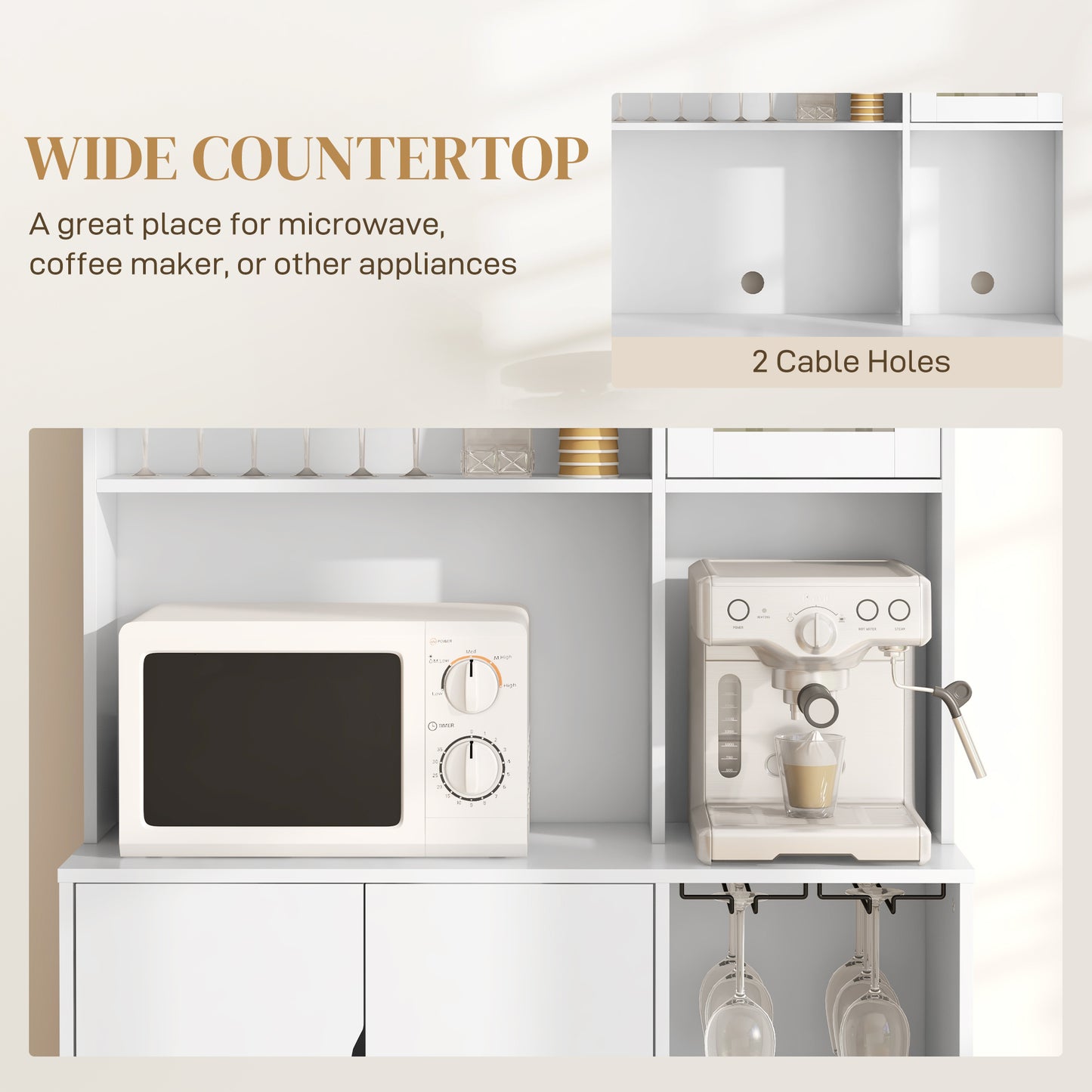 HOMCOM Coffee Bar Cabinet, Kitchen Hutch with Wine Storage, Microwave Countertop, Drawer and Tempered Glass Doors, White