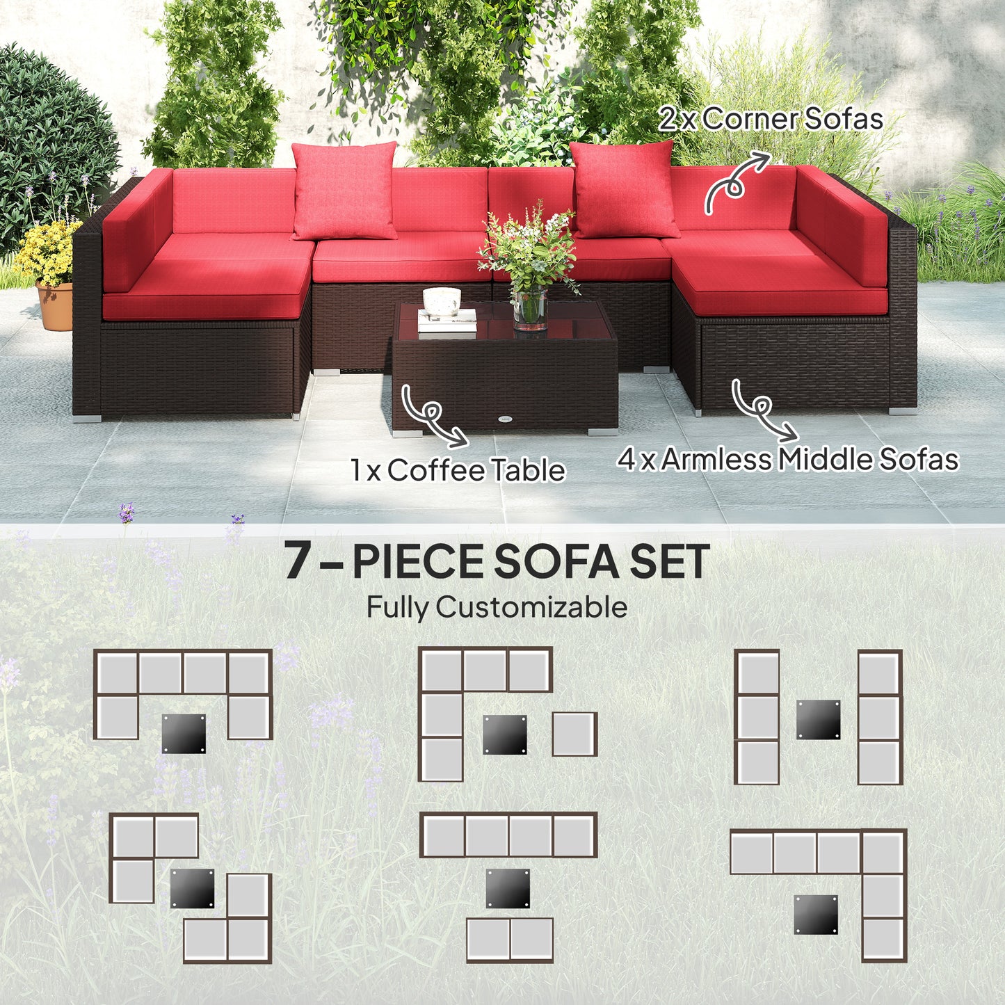 Outsunny 7pc Garden Wicker Sectional Set w/ Tea Table Patio Rattan Lounge Sofa Outdoor Deck Furniture Blue