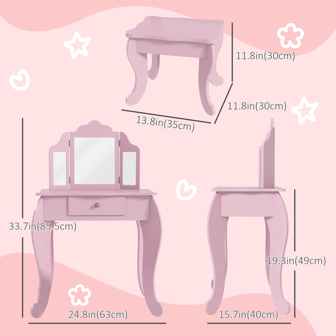 Qaba Kids Vanity Table and Stool, Makeup Vanity Girls Dressing Table Set with Tri-folding Mirrors Drawer Star and Heart Pattern, White