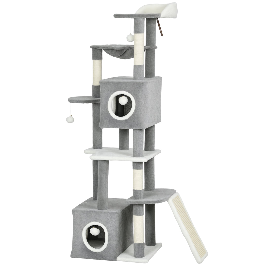 PawHut 65 Inch Cat Tree with 2 Doors Condos, Plush Top Perch, Hammock, Sisal Scratching Posts, 4 Pompoms, Ramp, White