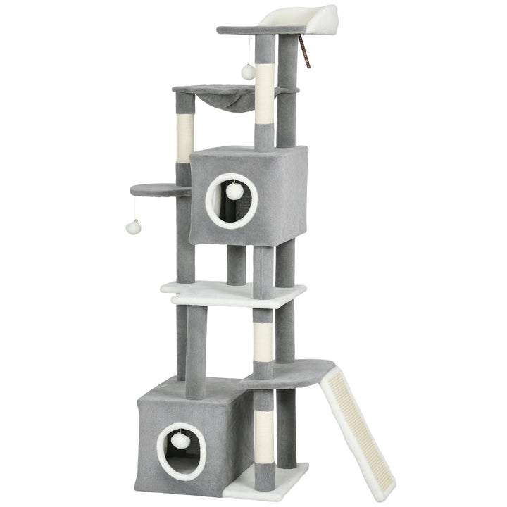 PawHut 65 Inch Cat Tree with 2 Doors Condos, Plush Top Perch, Hammock, Sisal Scratching Posts, 4 Pompoms, Ramp, White