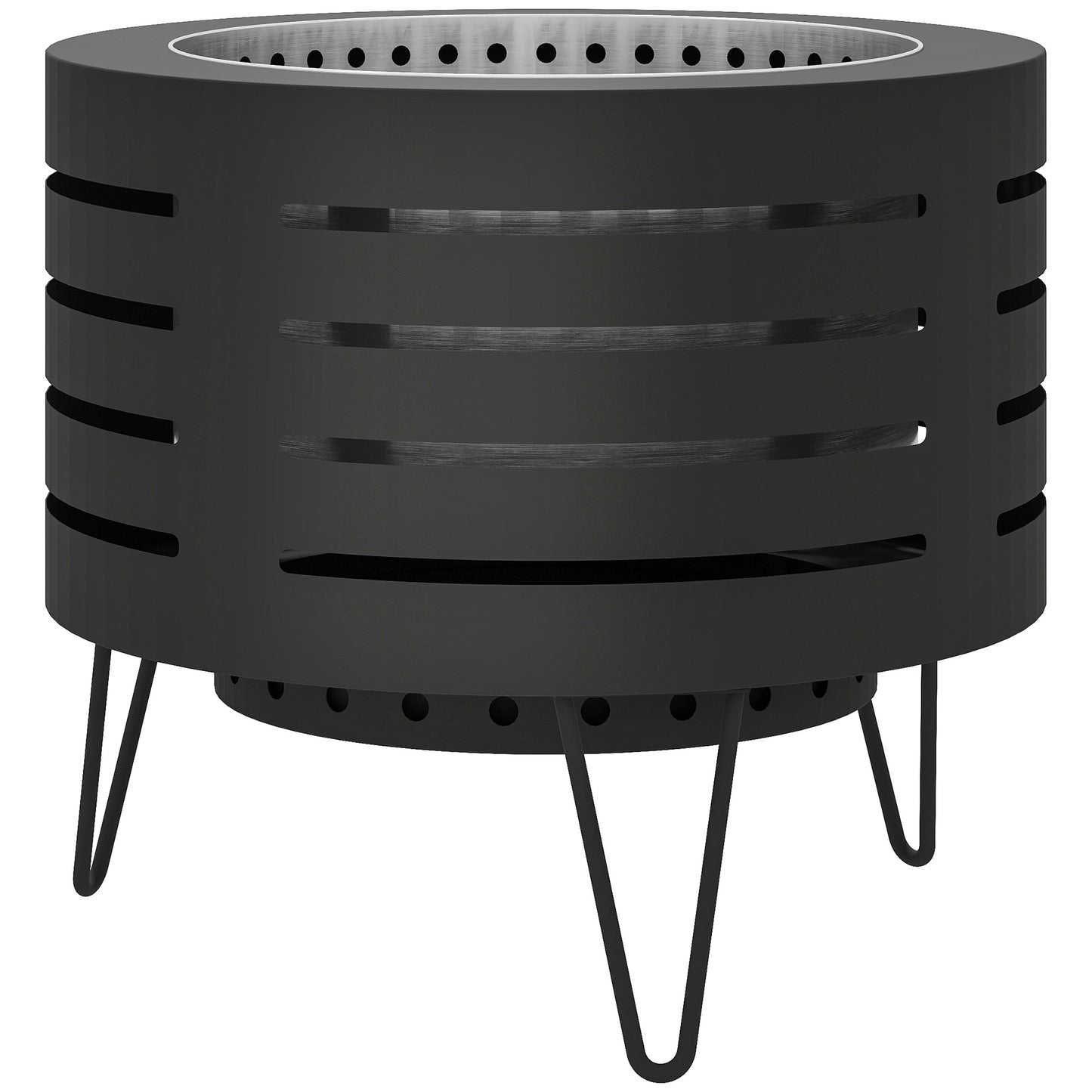 Outsunny Round Fire Pit with Fire Poker, Portable Wood Burning Firepit with Ash Tray and Hairpin Legs, Outdoor Fireplace, Black