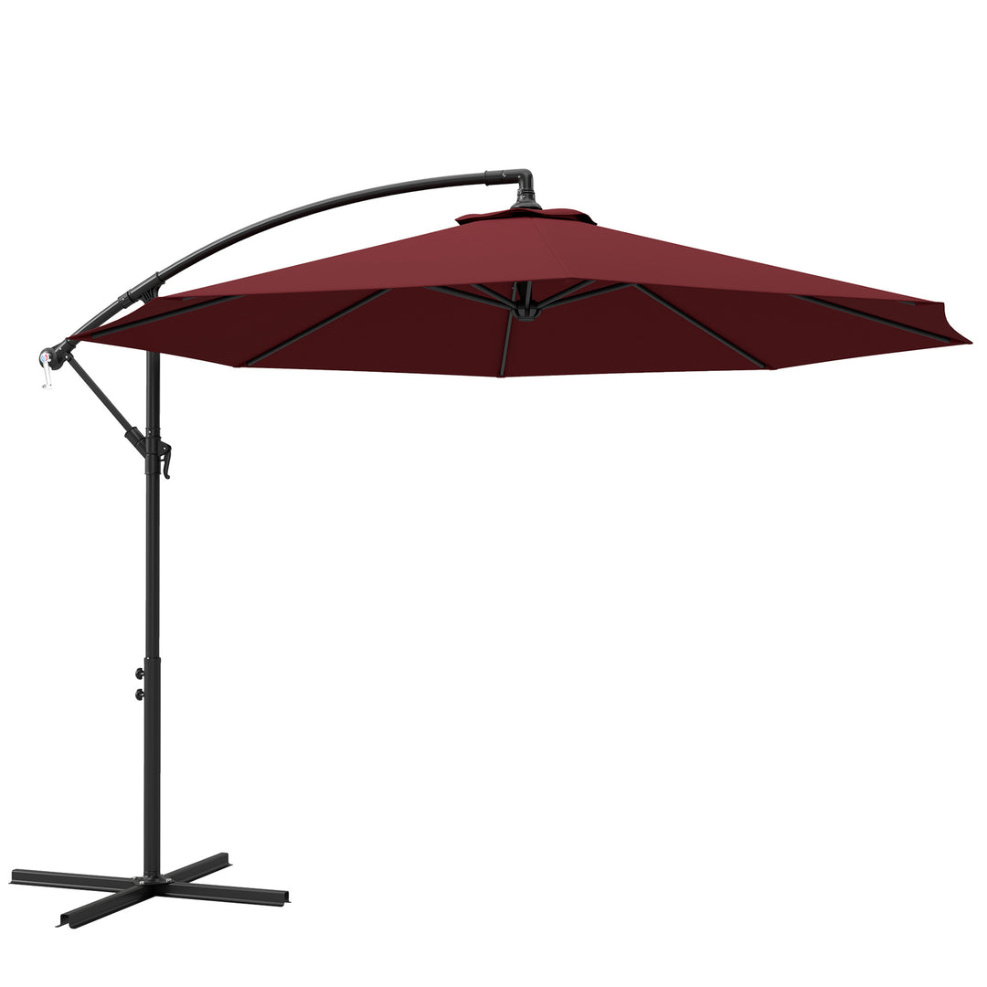 Outsunny 9.7ft Offset Patio Umbrella Garden Hanging Parasol Banana Cantilever Umbrella with Base, Crank, Wine Red
