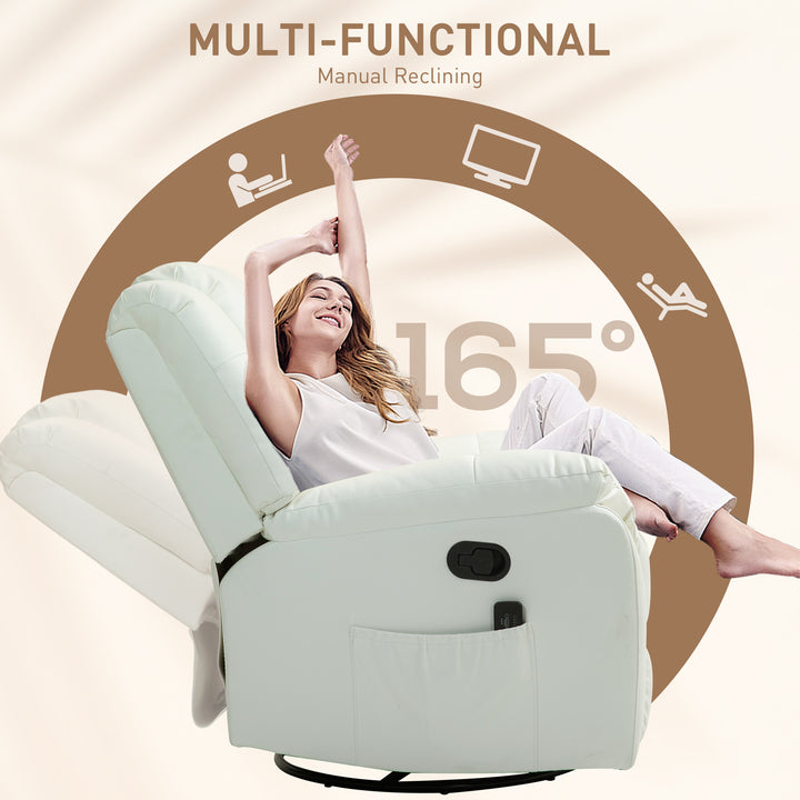 HOMCOM 8-Point Vibration Massage Recliner Chair for Living Room, PU Leather 360° Swivel Manual Reclining Sofa Rocking Chair with Remote Control, Side Pockets, Grey