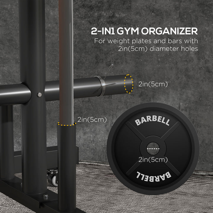 Soozier Weight Plate Rack, Bumper Plate Rack Holder for 2 inch Plates and Bars, with 4 Transport Wheels and 6 Fasten Clamps, 440 lbs Capacity