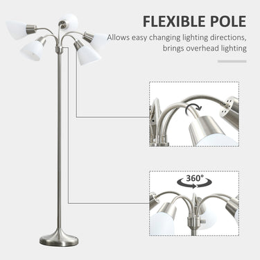 HOMCOM Arc Tree Floor Lamp with 5 Adjustable Rotating Lights, Modern Standing Gooseneck Reading Light for Living Room Bedroom Office, Satin Nickel