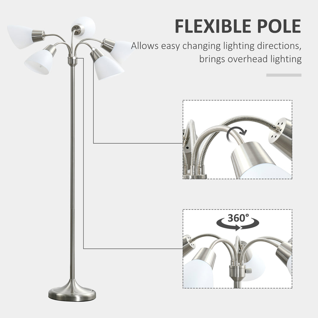 HOMCOM Arc Tree Floor Lamp with 5 Adjustable Rotating Lights, Modern Standing Gooseneck Reading Light for Living Room Bedroom Office, Satin Nickel