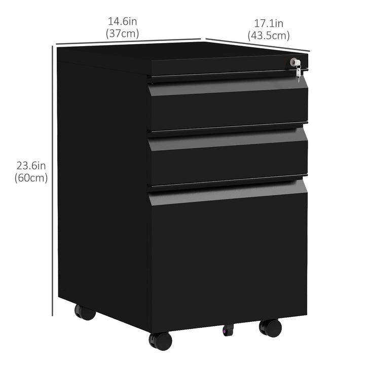 Vinsetto 3 Drawer File Cabinet with Lock, Steel Vertical Filing Cabinet with 5 Wheels and Hanging Bar for A4/Legal/Letter Size Files, Printer Stand with Pre-Assembled Body, White