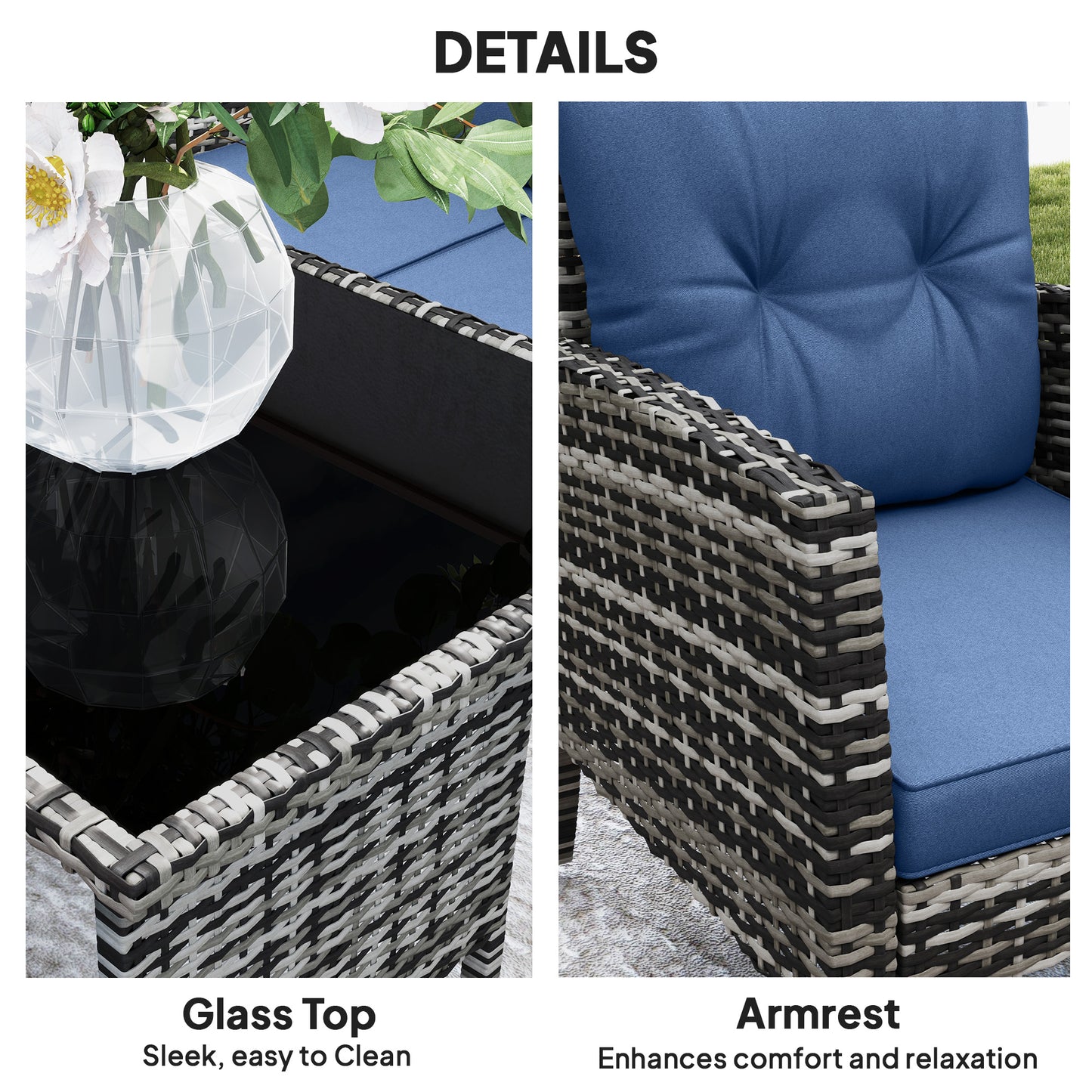 Outsunny 6 Piece Patio Furniture Set with Patio Chairs, Ottomans, Sofa, Glass Top Table and Cushions, Wicker Rattan Outdoor Furniture Set for Backyard, Porch, Grey