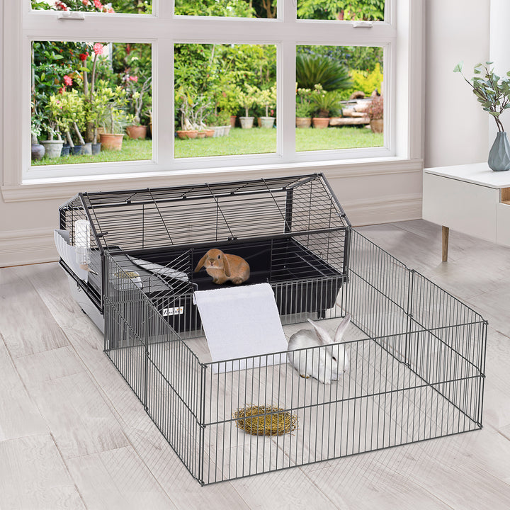 PawHut Metal Small Animal Cage, Rabbit Cage for Guinea Pig Chinchilla Hedgehog Bunny with Removable Wheels and Foldable Detachable Run Fence, 34.6" L x 50.6" W x 22" H