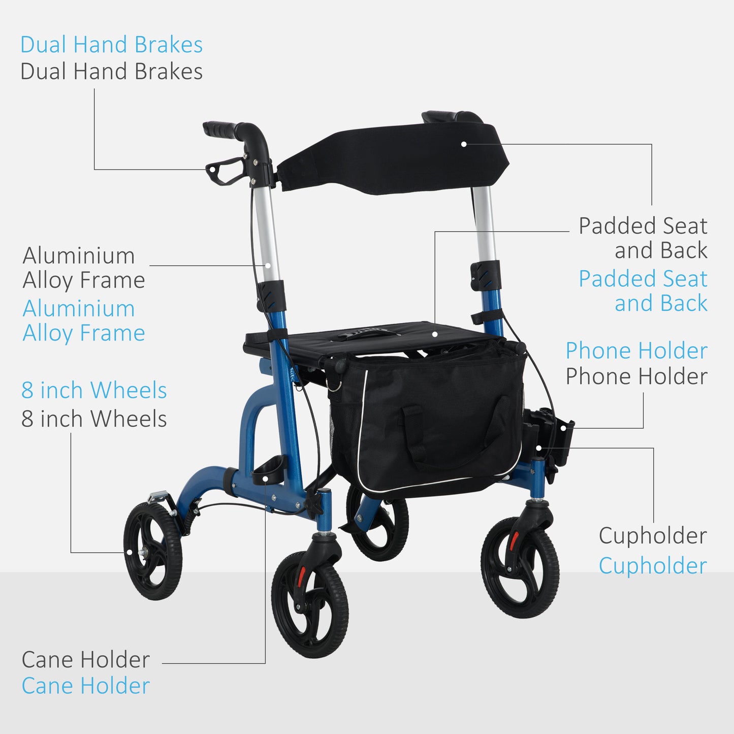 HOMCOM Rollator Walker for Seniors and Adults with 8'' Wheels, Padded Seat and Backrest,  Storage Bag Blue