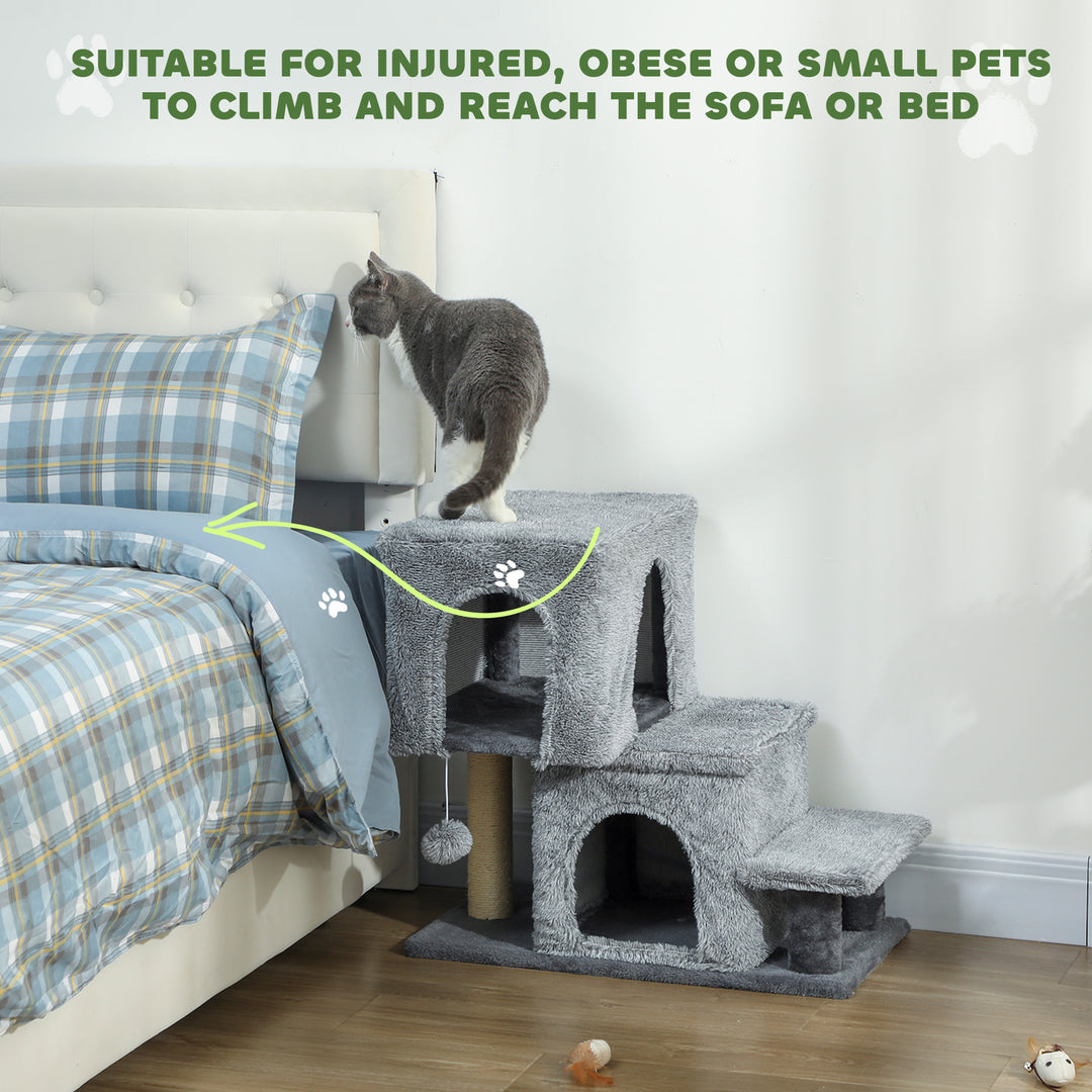 PawHut 4-Step Pet Stairs, Adjustable Height Cat Stairs with Scratching Posts Cat Condo, Hanging Ball for High Bed, Grey