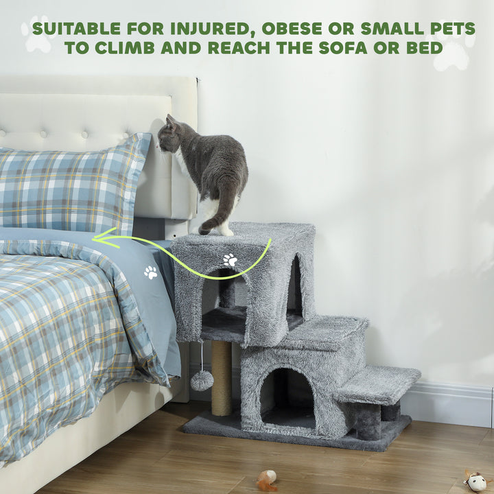 PawHut 4-Step Pet Stairs, Adjustable Height Cat Stairs with Scratching Posts Cat Condo, Hanging Ball for High Bed, Grey