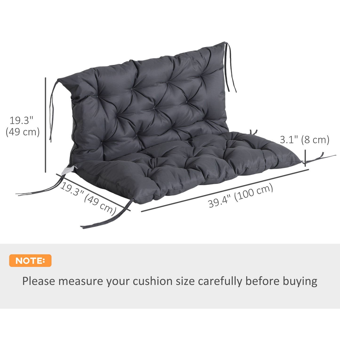 Outsunny Porch Swing Cushion Garden Bench Cushion with Backrest, Non-Slip 2-seater Thick Pad, Swing Chair Mat Replacement for Indoor and Outdoor, 39.4" x 38.6", Dark Grey