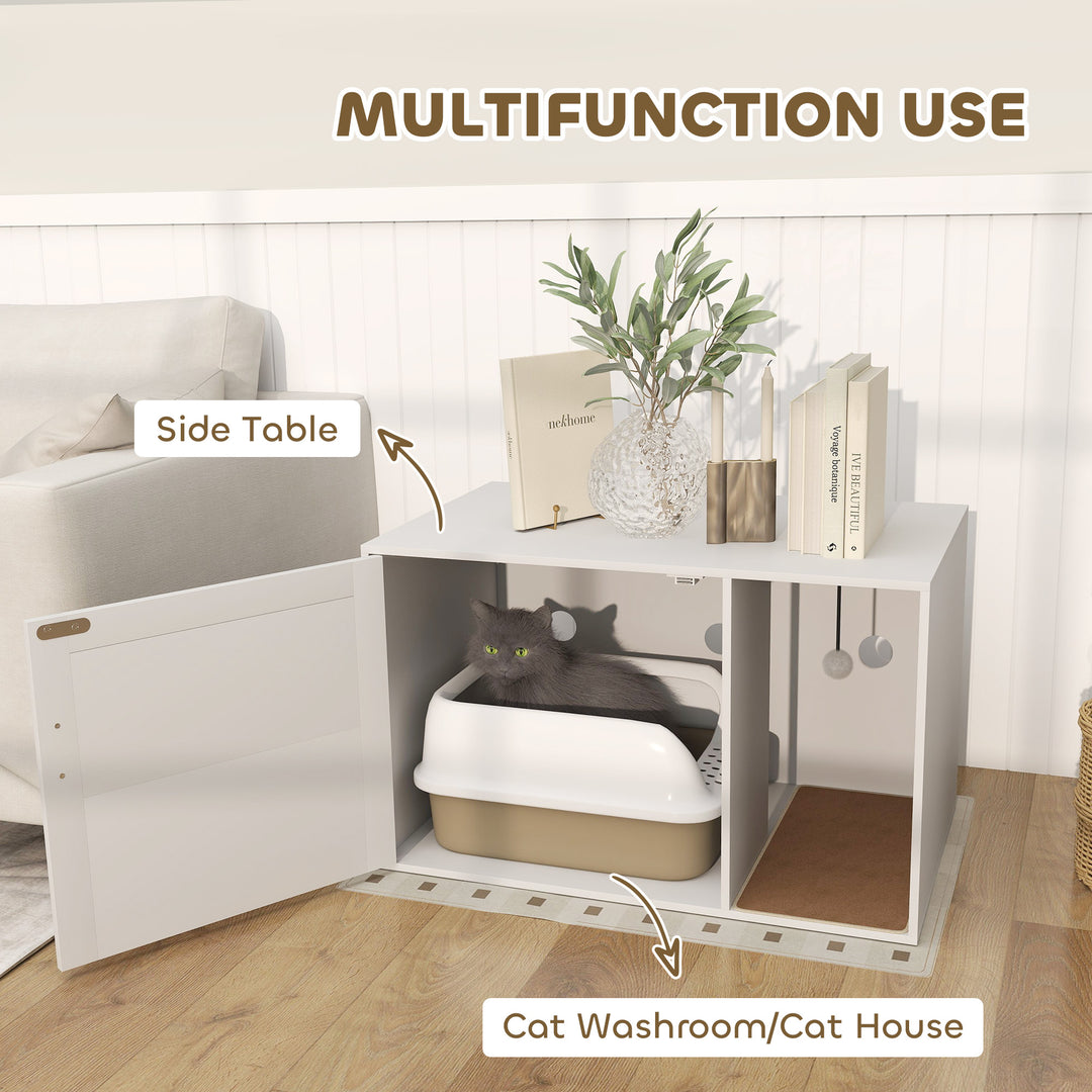 PawHut Cat Litter Box Enclosure, Cat Washroom End Side Table with Rattan Door, Scratching Pad, Non-slip Foot Pads, White