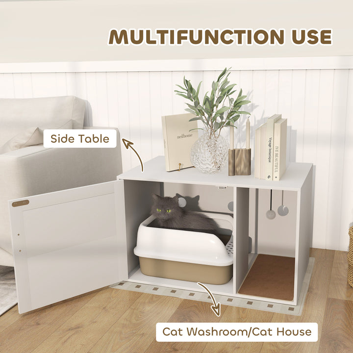 PawHut Cat Litter Box Enclosure, Cat Washroom End Side Table with Rattan Door, Scratching Pad, Non-slip Foot Pads, White
