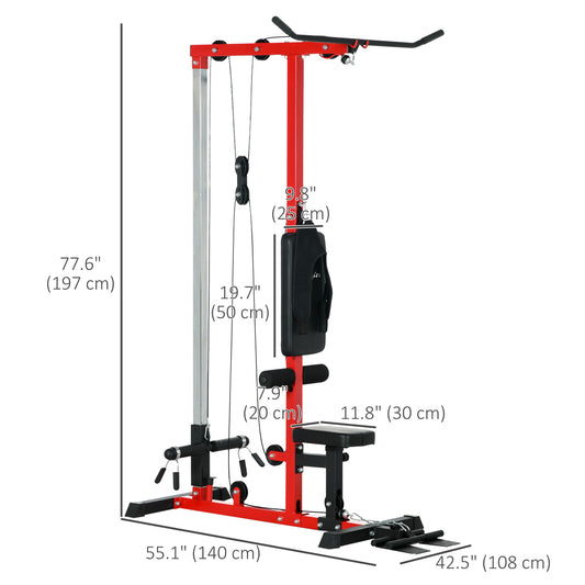Soozier Lat Pull Down Machine, High / Low Pulley Machine with Adjustable Seat and Flip-Up Footplate, Red
