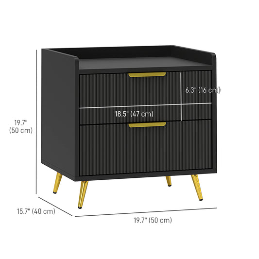 HOMCOM Bedside Table, Nightstand with 2 Drawers, Side End Table with Metal Legs for Bedroom, Black