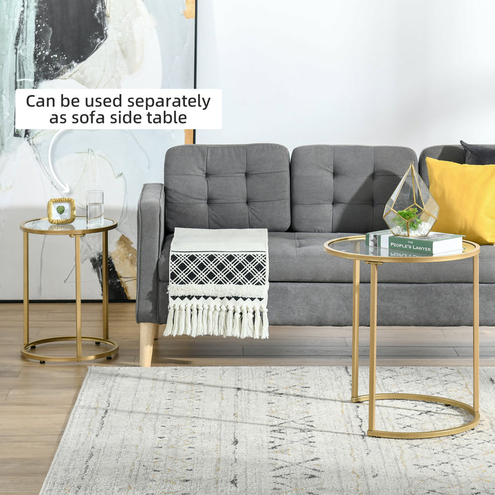 HOMCOM Set of 2 Nesting Coffee Tables with Metal Base, Round Side Table with Tempered Glass Tabletop for Living Room, Bedroom, Black