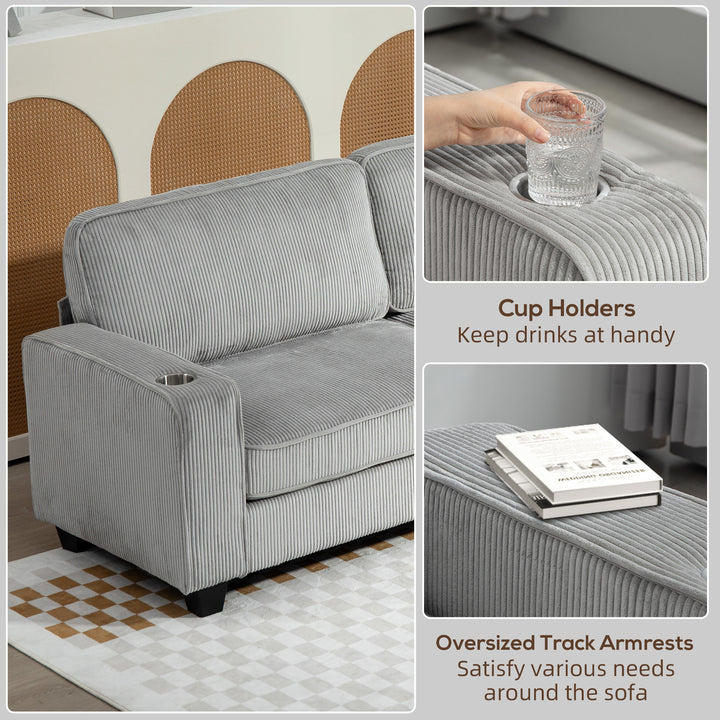 HOMCOM Three Seater Sofa, Fabric 3 Seater Couch with Spring Cushion and Cup Holders for Living Room, Bedroom, Cream White