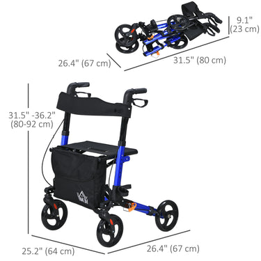 HOMCOM Rollator for Seniors with Seat, Back, Cane Holder, Aluminium Folding Rolling Walker with Adjustable Handle, Bag, Blue