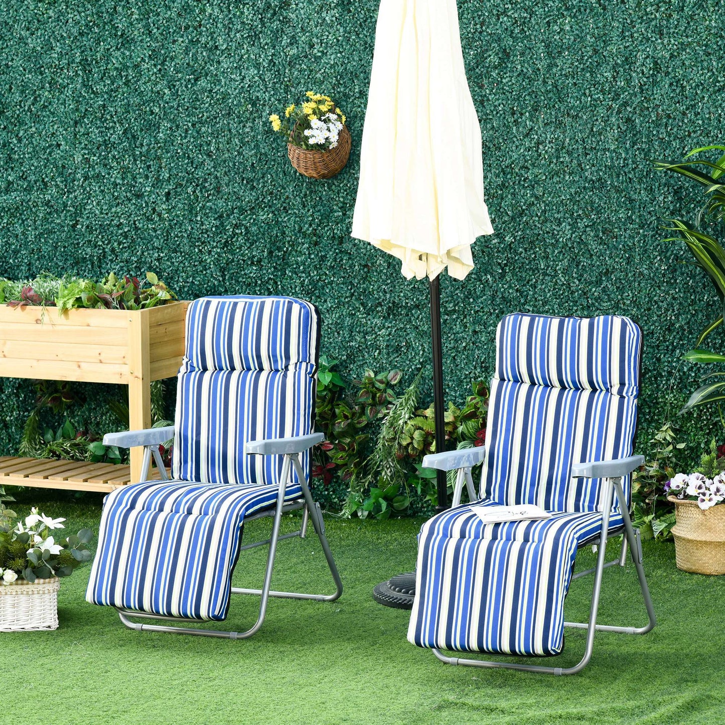 Outsunny Set of 2 Garden Sun Lounger, Outdoor Reclining Seat Cushioned Seat, Foldable Adjustable Recliner, Grey and Blue