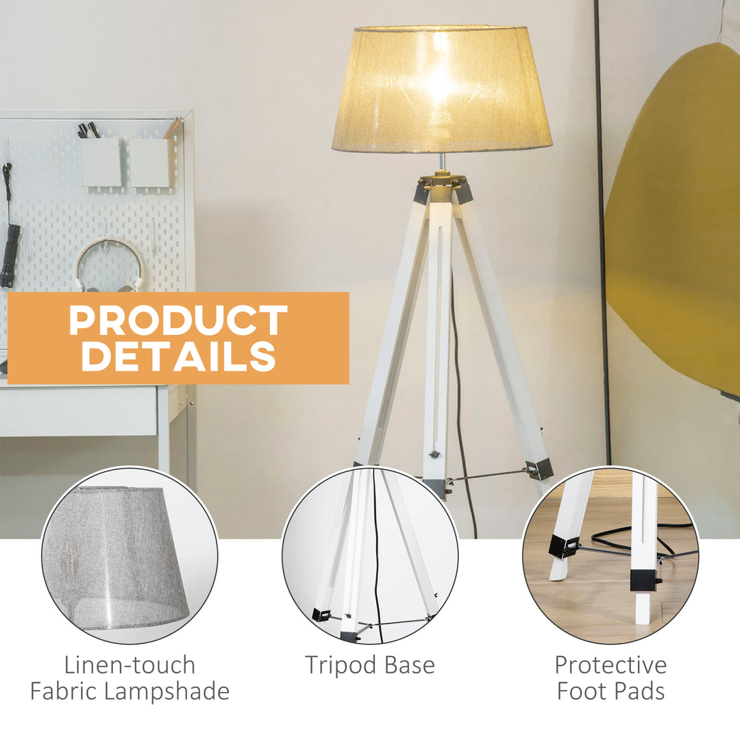 HOMCOM Tripod Floor Lamp, Adjustable Height Wooden Standing Lamp with E26 Lamp Base for Living Room, Bedroom, White and Grey